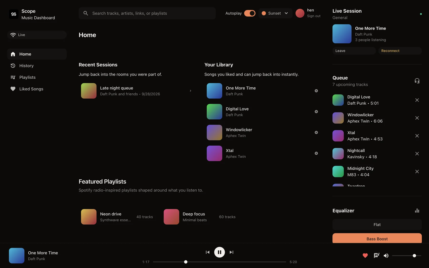 The Scope music dashboard: recent sessions and liked songs in the middle, the live queue and equalizer on the right, and playback controls along the bottom.